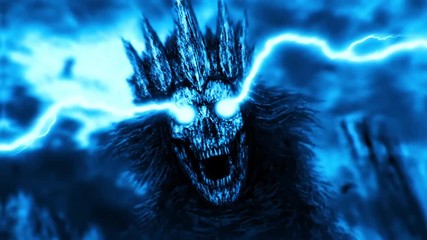 Dark queen with crown with lightning from eyes. Scary 2D animation in horror fantasy genre. Mystic witch head in other dark world. Gloomy ghost in haze. Gothic cruel woman. Blue and black background. 