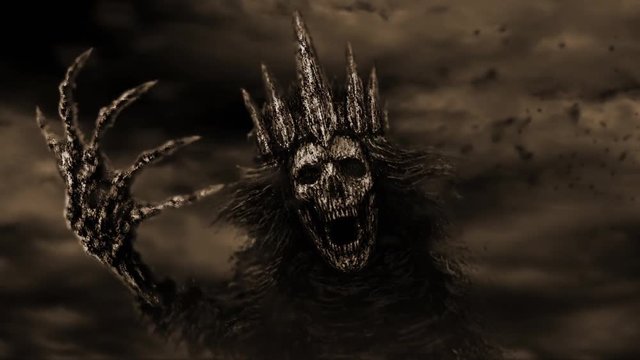 Dark queen with crown pulls bony hand. Crepy 2D animation in horror fantasy genre. Cute face turns into skull. Gloomy ghost in haze. Gothic cruel young woman with evil eyes. Spooky female character. 