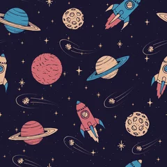 Tragetasche Handgezeichnetes nahtloses Muster mit Jupiter, Mars, Saturn, Neptun-Planeten, Mond und fliegenden Raketen auf dem Sternenhintergrund. Vektorraum-Ornament-Doodles. © Anastasia