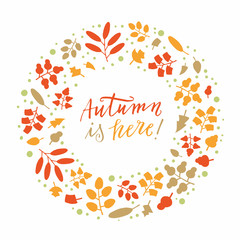 Fototapeta na wymiar Autumn circle background composed of illustrated fall leaves