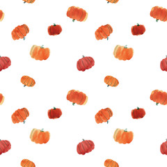 Watercolor fall pumpkin seamless pattern on white