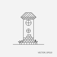 Vector illustration. Old tower made of bricks. Sketch. Drawing for children. Flat icon