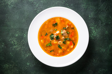 Traditional Hungarian goulash soup on the table.