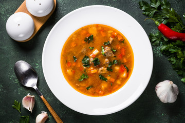 Traditional Hungarian goulash soup on the table.