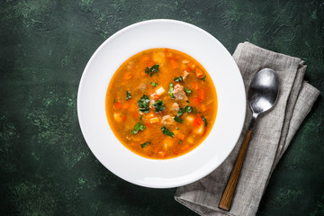 Traditional Hungarian goulash soup on the table.