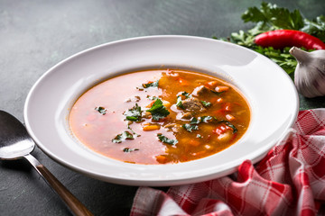 Traditional Hungarian goulash soup on the table.