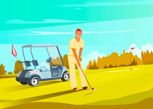 Golf player at course horizontal retro cartoon bannerwith red pin flag isolated vector illustration.