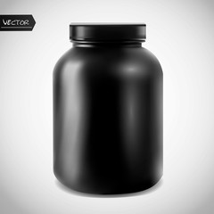 Realistic vector sport nutrition container without label. Whey protein and mass gainer black plastic jar isolated on white background.