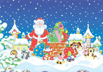 The night before Christmas, Santa Claus with his gifts near a chimney on a snow-covered roof