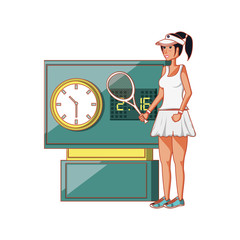 woman playing tennis with scoreboard