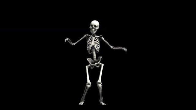 Seamless animation of a skeleton with a sensual dance isolated with alpha channel. Funny halloween background.