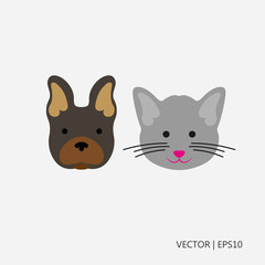 Vector illustration. Brown dog and gray cat. Cat with pink nose. Best friends. Sketch. Drawing for children. Flat icon