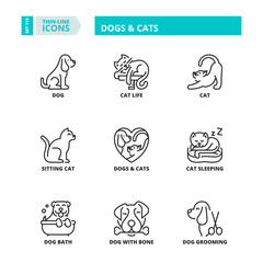 Thin line icons. Pets, dogs and cats