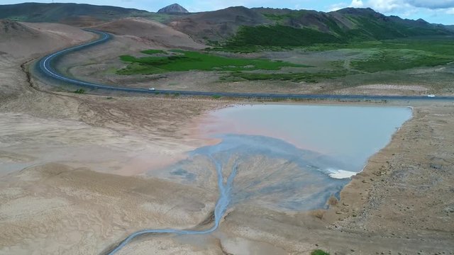4k 60 fps Iceland Aerial view of Myvatn geothermal - Namaskard hot spring to N1