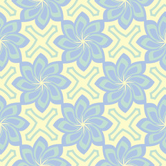 Seamless background with floral pattern. Beige background with light blue and green flower elements - 228551725