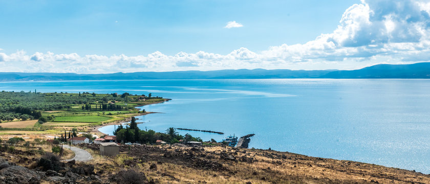View of Bay of Kalloni on Lesvos island in Greece with harbor and farmland