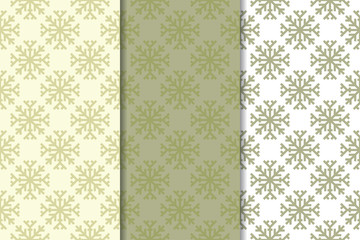 Snowflakes. Seamless patterns. Olive green winter ornaments