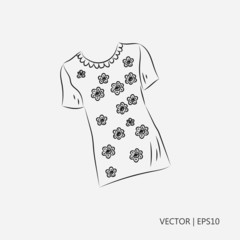 Vector illustration. T-shirt with flowers. Nighty for girls. Sketch. Drawing for children. Line icon