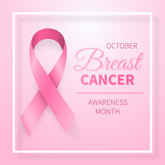 October breast cancer awareness month in. Realistic pink ribbon symbol. Medical Design. Vector illustration