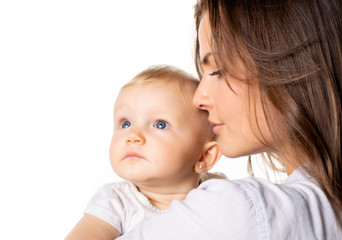 A mother holdng his baby on studio white background