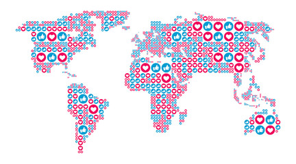 Fototapeta premium Social media like and heart symbols in the world map form. SEO, SMM concept. illustration