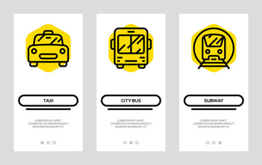 Public Transport Banners. Subway, City Bus, Taxi Vector Vertical Cards. Concept For Web Graphics.