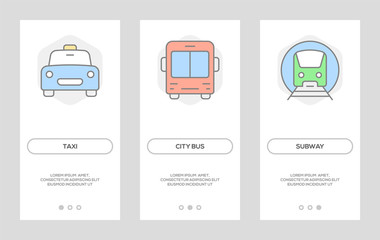 Public Transport Banners. Subway, City Bus, Taxi Vector Vertical Cards. Concept For Web Graphics.