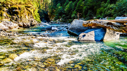 The Coquihalla River before it flows through Coquihalla Canyon Provincial Park and past the Othello Tunnels of the old Kettle Valley Railway near the town of Hope, British Columbia, Canada
