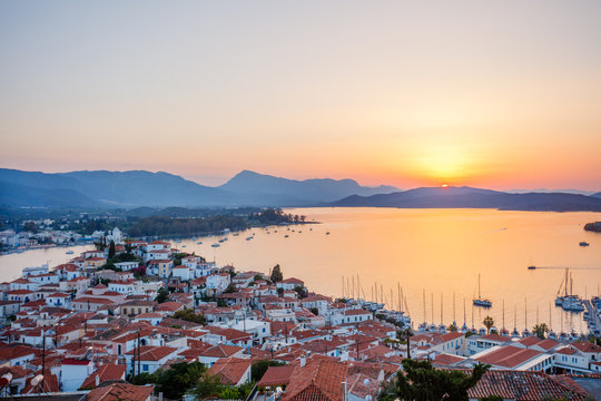 Sunset on Poros island, Greece. Aerial drone photo
