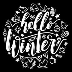 Hand written lettering hello winter with elements.