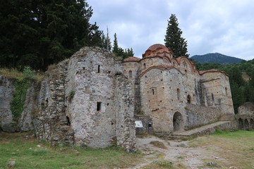 Fototapeta na wymiar Brontochion Monastery in the ruins of abandoned ancient city of Mystras, Peloponnese, Greece
