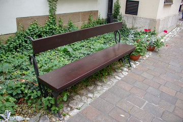 empty wooden bench in the garden