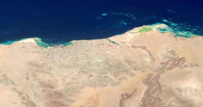 Very high-altitude circular tracking shot of Jeddah, Saudi Arabia, with tilt-shift effect. Reversible. Elements of this image furnished by NASA. 