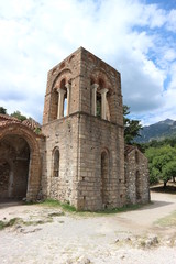 Ruin of medieval church, abandoned city Mystras, Peloponnese, Greece