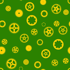 Seamless pattern with gear. Golden gears on a green background. Vector illustration