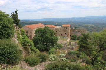 Fototapeta na wymiar View to Despot's Palace in abandoned ancient town of Mystras, Peloponnese, Greece