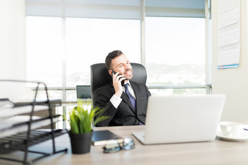 Manager Discussing Business On Mobile Phone At Desk