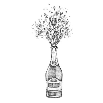 Vector illustration of hand drawing champagne bottle with splash