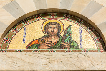 details of the mosaic tympanum above the main door of the Cathedral of Saint Mary, in Castle quarter of Cagliari, Sardinia Island, italy