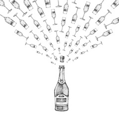 Vector illustration of hand drawing champagne bottle with splash