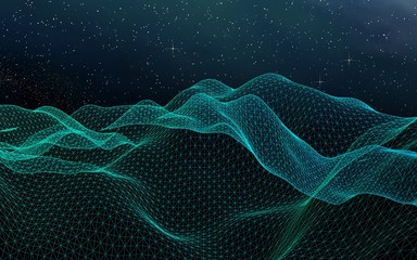 Abstract landscape on a dark background. Cyberspace grid. Hi-tech network. Outer space. Starry outer space texture. 3D illustration