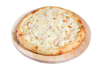 Hawaiian pizza with chiken, pineapple and cheese isolated on a white background.