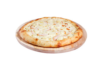 Hawaiian pizza with chiken, pineapple and cheese isolated on a white background.