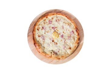 Carbonara pizza with sausage, ham, cheese and egg isolated on a white background.