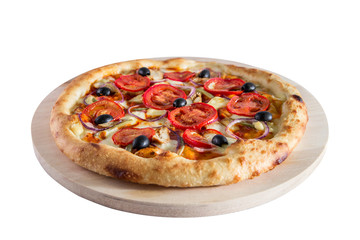 Pizza with tomatoes, olives, ham, onions and cheeseisolated on a white background.