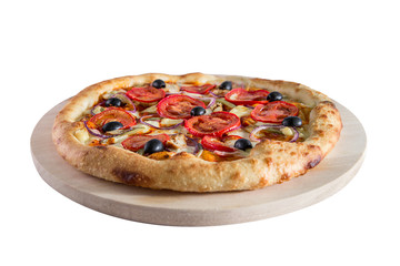 Pizza with tomatoes, olives, ham, onions and cheeseisolated on a white background.