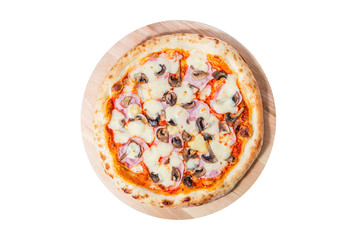 Pizza with mushrooms, ham and cheese isolated on a white background.