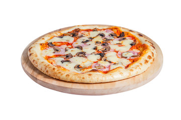 Pizza with mushrooms, ham and cheese isolated on a white background.