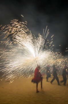 Rain of fire at Catalonian traditional fest called Correfoc