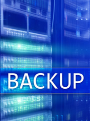Fototapeta na wymiar Backup button on modern server room background. Data loss prevention. System recovery.